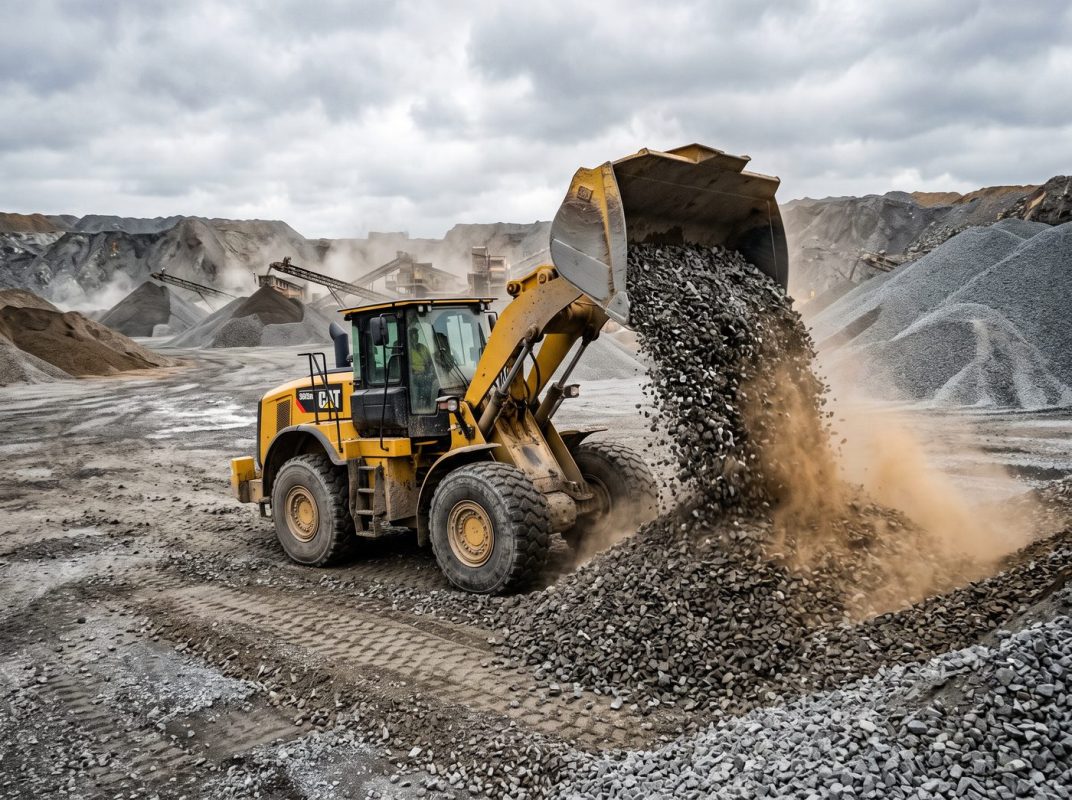 Wheel loader dumping crushed base rock at the BuySand yard