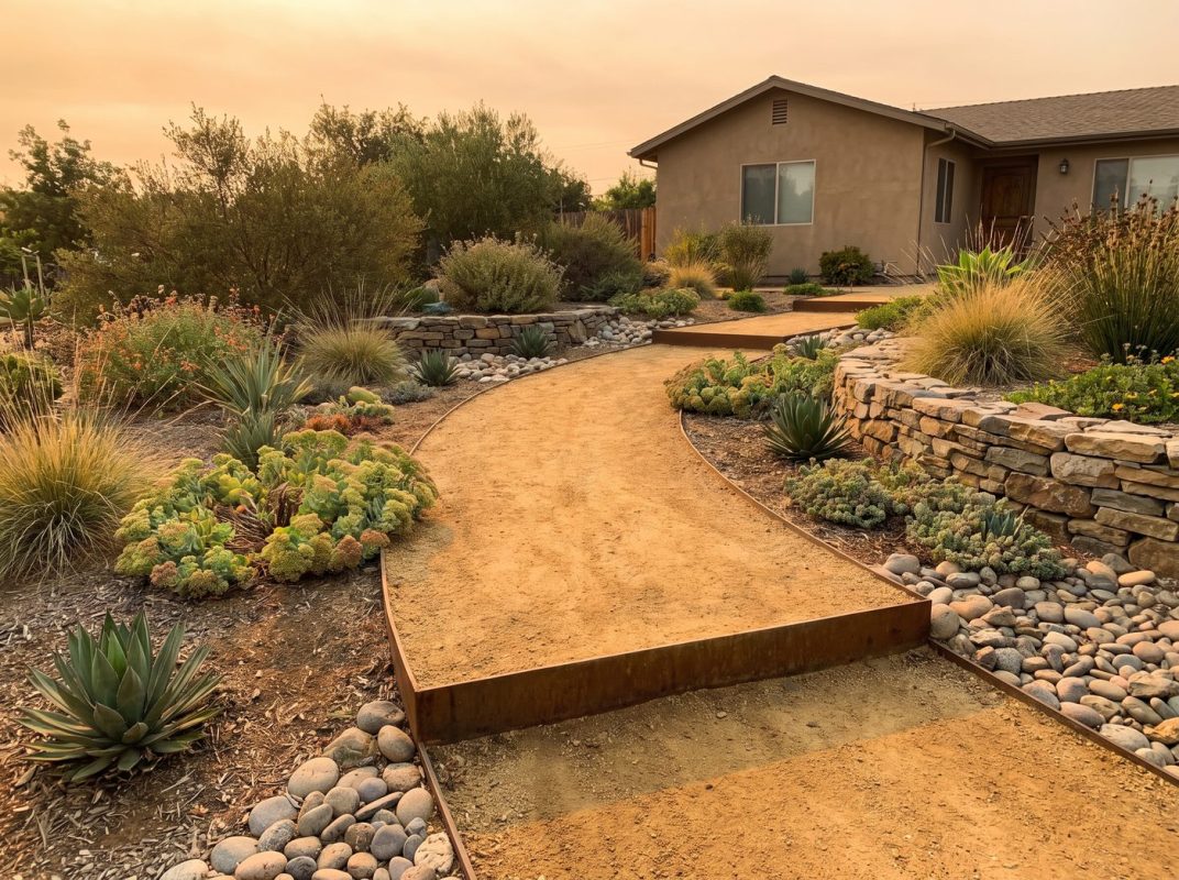 Finished decomposed granite pathway with steel edging in a drought tolerant yard