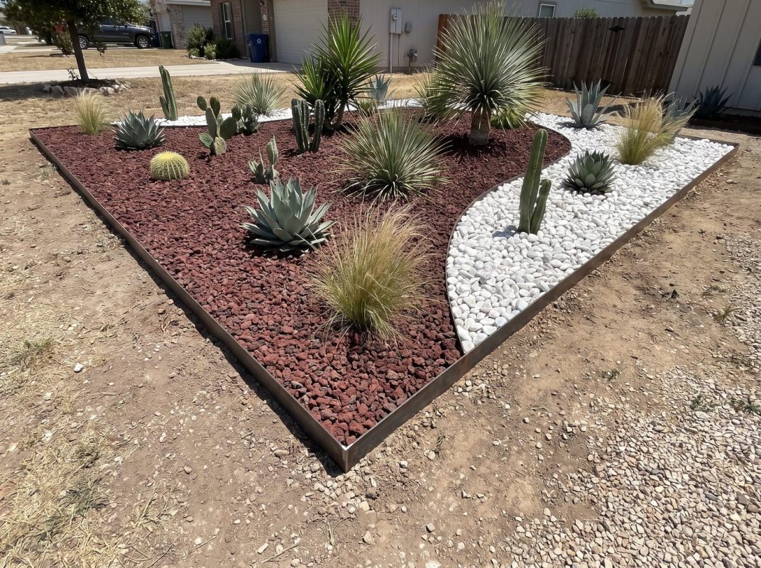 Finished landscape bed of red lava rock and white pebbles with steel edging