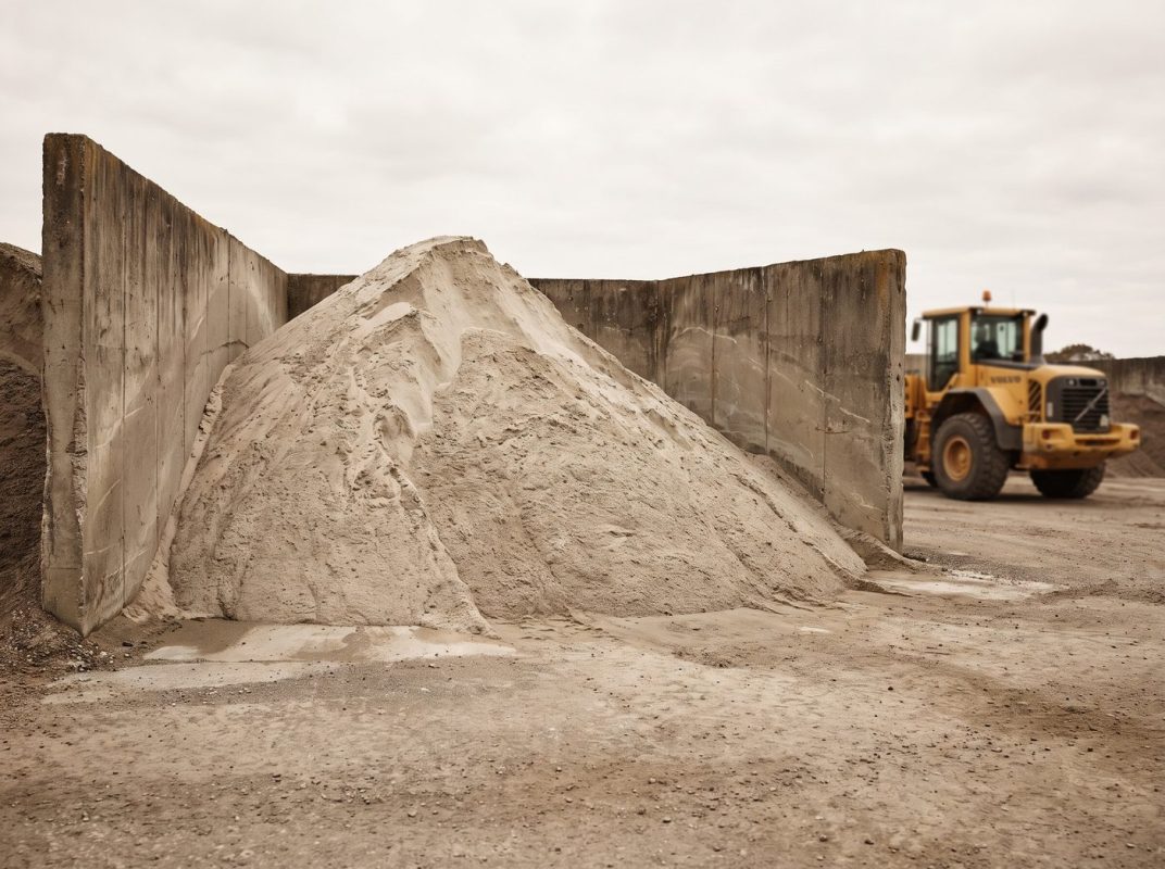 Stockpile of washed construction sand in a bin bay at the BuySand yard