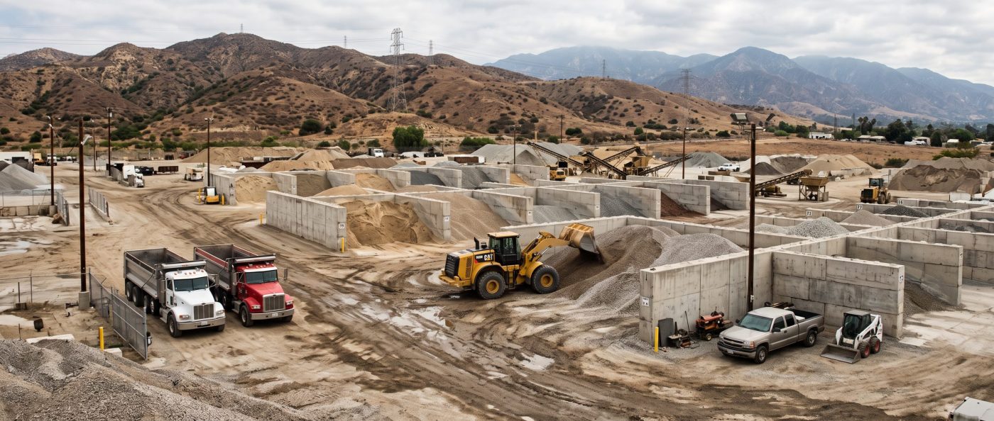 The BuySand yard in San Fernando: material bins, wheel loader and 10 wheel dump trucks