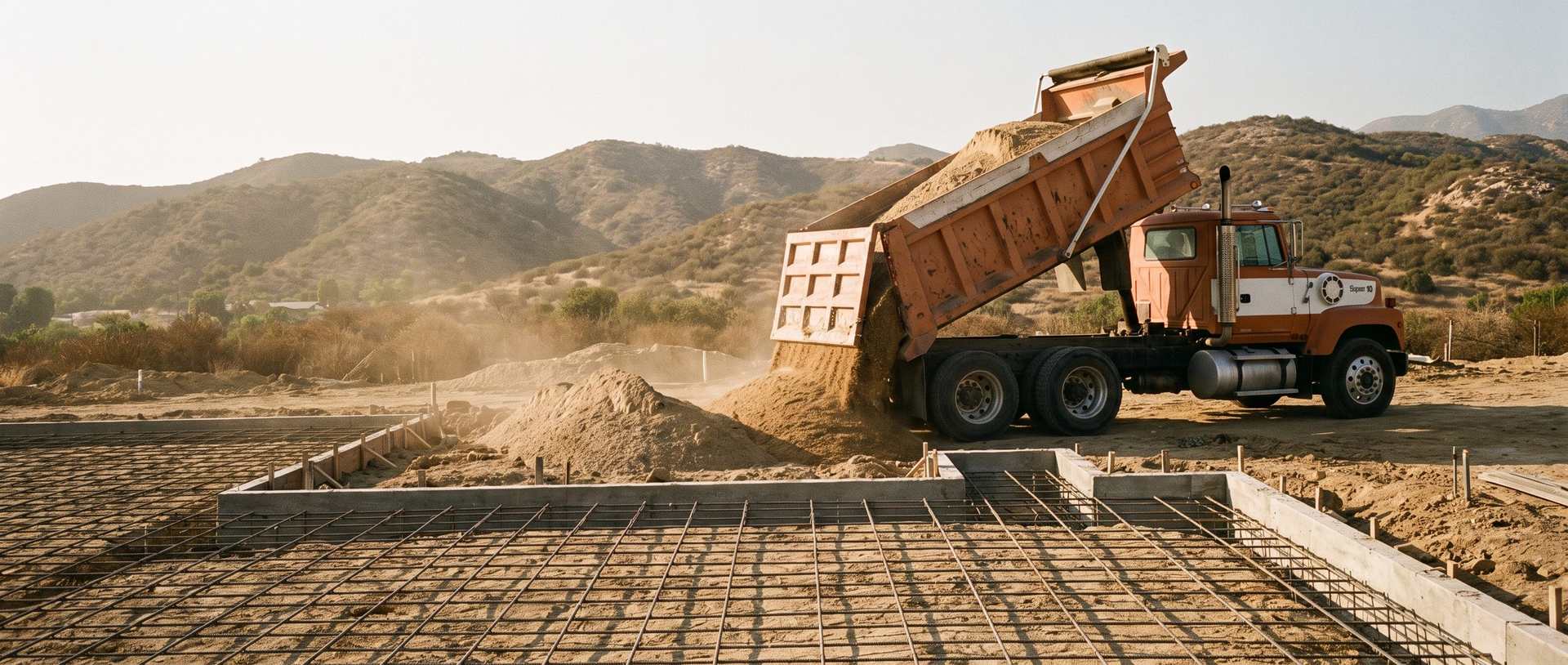 BuySand 10 wheel dump truck tipping builder sand at a residential foundation site