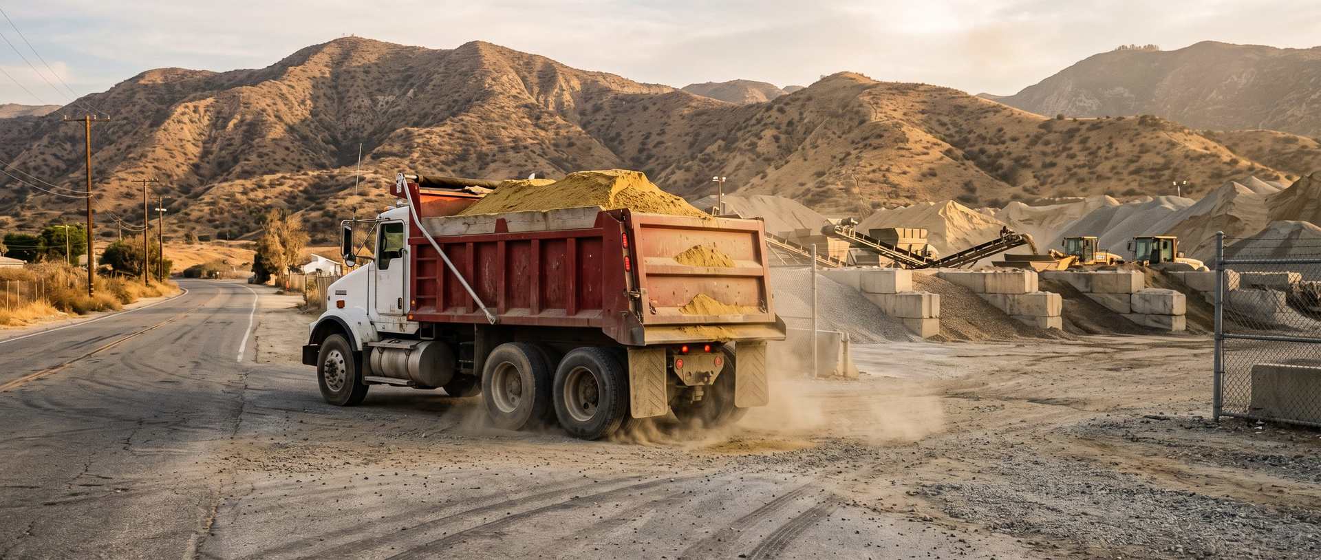 BuySand dump truck leaving the Flamingo Sand & Gravel yard in San Fernando